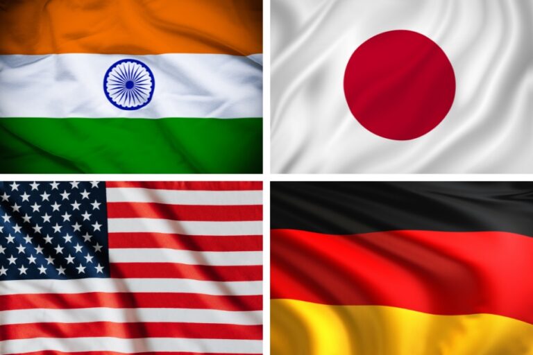 World map with flags of Japan, Germany, USA, and India, symbolizing diverse business culture and global strategies for entrepreneurs.