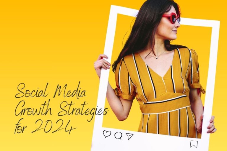 Graphic illustrating key strategies for Social Media Growth in 2024, featuring icons for customized content creation, influencer marketing, data analysis, e-commerce integration, and sustainability.